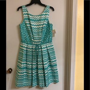J. Taylor sleeveless teal and white dress